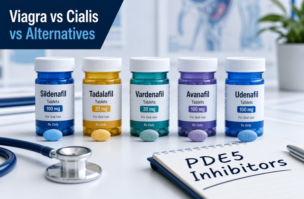 Detailed () editorial image showing a clean clinical comparison layout: five pill bottles labeled with generic ED medication