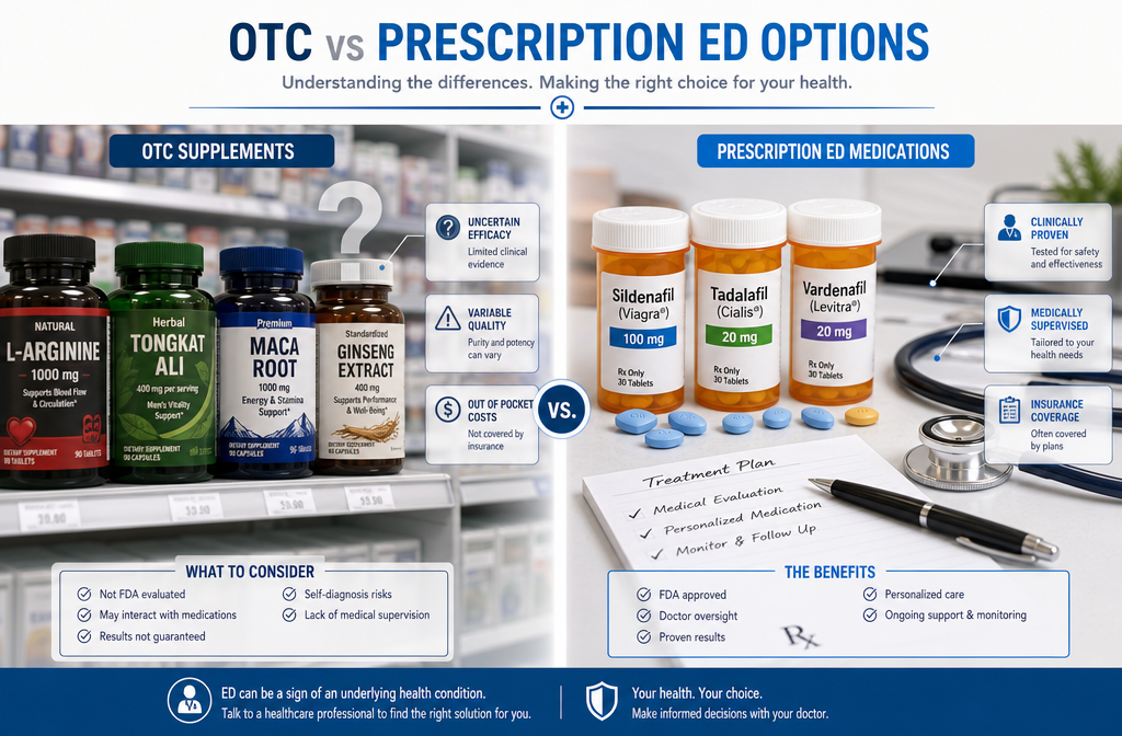 best over the counter pills for ed 1 Detailed () editorial image showing a split-screen comparison: left side displays colorful supplement bottles labeled 'OTC