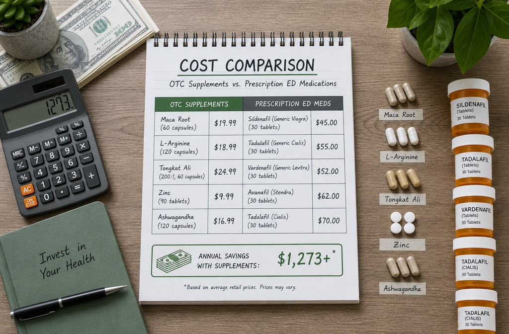 best over the counter pills for ed 2 Detailed () flat-lay overhead shot of a wooden desk with a notepad showing a cost comparison table between OTC supplements