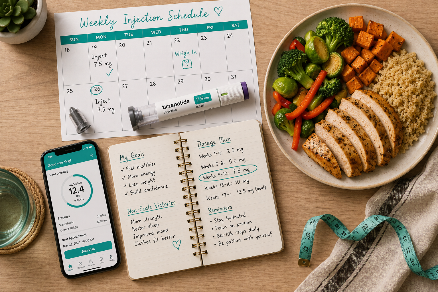 mounjaro shot for weight loss 2 Detailed () flat-lay photograph from directly above showing a weekly injection schedule calendar, a tirzepatide pen