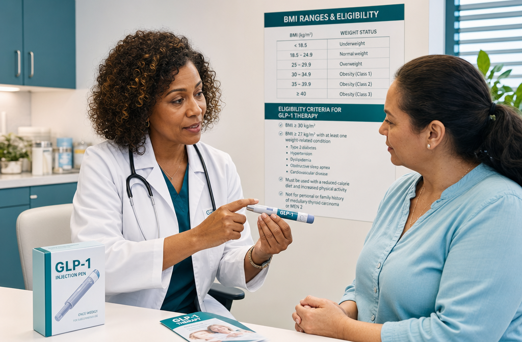Weight loss injections cost 3 Detailed () image depicting a diverse group of adults over 40 in a bright clinical consultation room, a doctor holding a