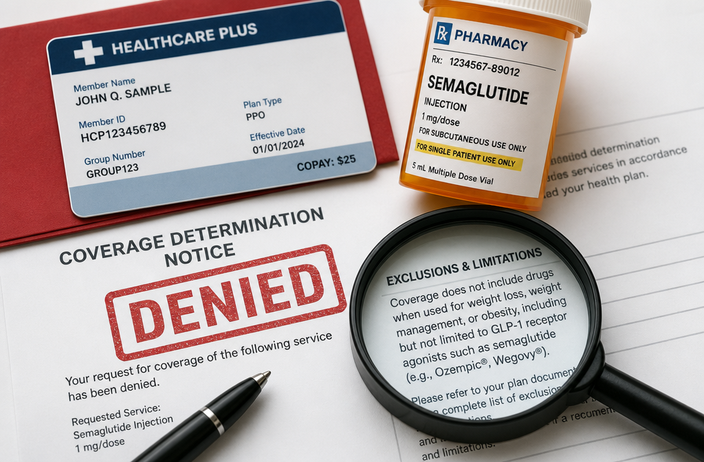 Weight loss injections cost 2 Detailed () image showing a close-up top-down view of an insurance card, a prescription bottle labeled semaglutide, and a