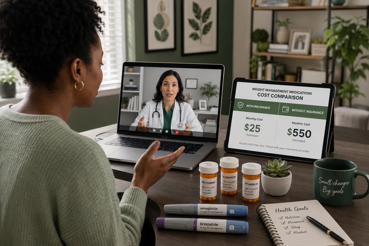 diabetes drug used for weight loss 2 Detailed () image showing a diverse group of adults in a telehealth consultation setting, one person on a laptop screen