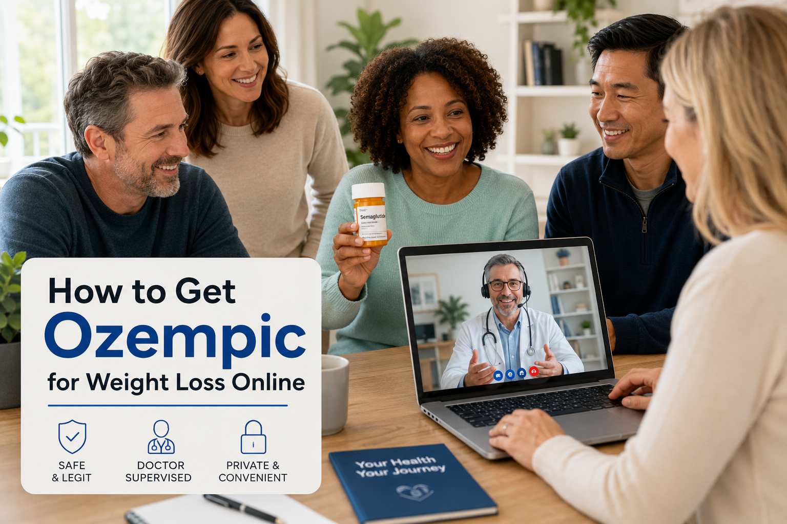 ozempic weight loss 2 Detailed () image showing a diverse group of adults — male and female, different ethnicities, ages 30-60 — in a bright