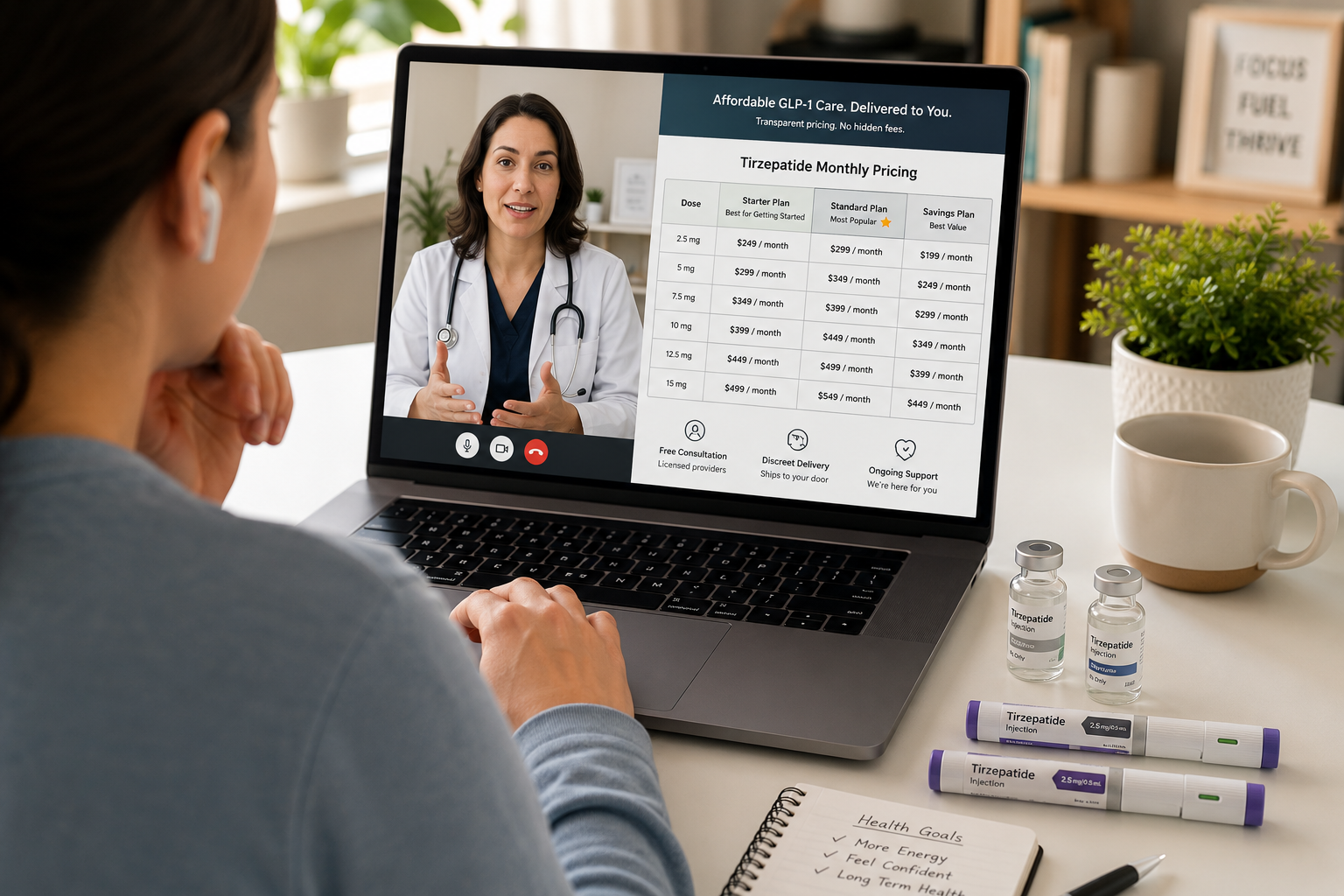 tirzepatide weight loss 2 Detailed () image showing a person consulting with a telehealth doctor on a laptop screen, prescription medication vials and