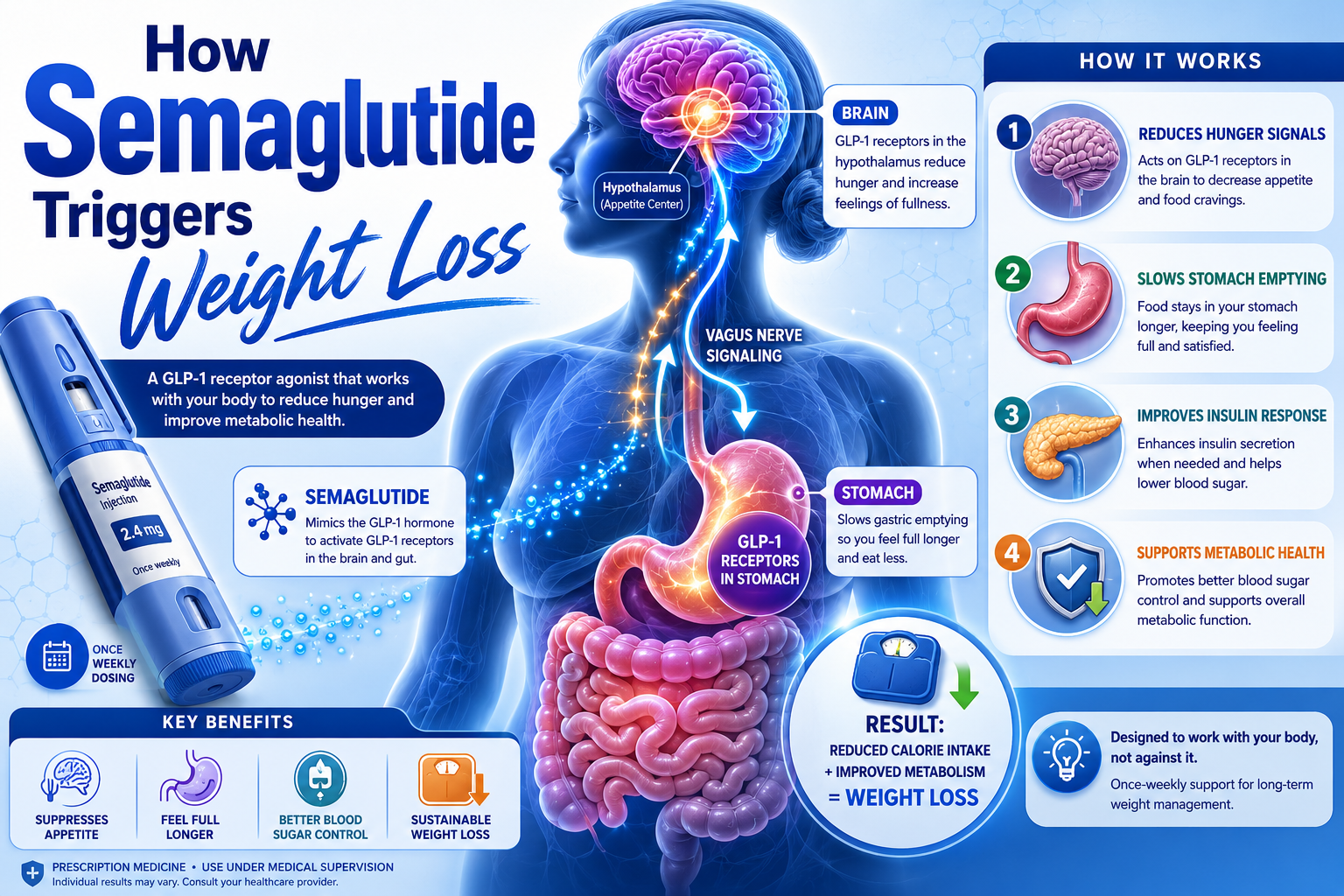 semaglutide weight loss 1 Detailed () infographic-style illustration showing a human silhouette with GLP-1 receptor pathway highlighted in the brain