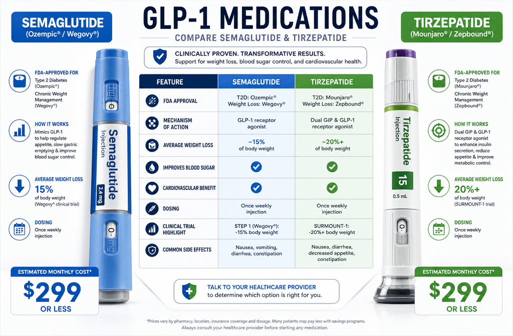 Detailed () infographic-style image showing a comparison chart of GLP-1 medications including semaglutide and tirzepatide