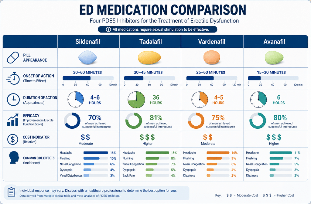 Detailed () infographic-style image showing a side-by-side comparison table of four ED medications — Sildenafil, Tadalafil,
