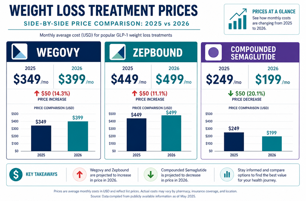Weight loss injections cost 1 Detailed () infographic-style image showing a side-by-side price comparison chart for Wegovy ($349/mo), Zepbound ($449/mo),