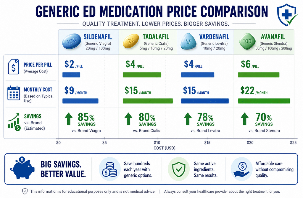 Detailed () infographic-style image showing a side-by-side price comparison chart of generic ED medications: sildenafil,