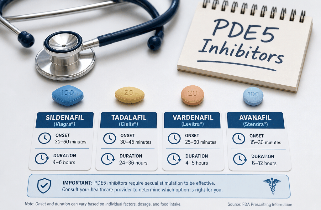 Detailed () informational comparison graphic showing four prescription ED medication pills—sildenafil, tadalafil,