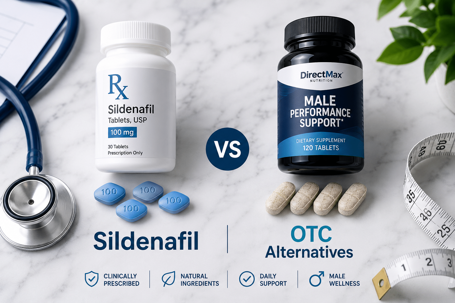 Detailed () informational comparison scene: a clean flat-lay overhead shot of two groups of pills — one group labeled