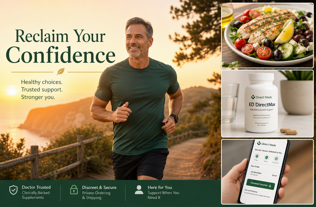ed medication 3 Detailed () lifestyle photography composite showing a fit man in his 50s exercising outdoors jogging at sunrise, alongside