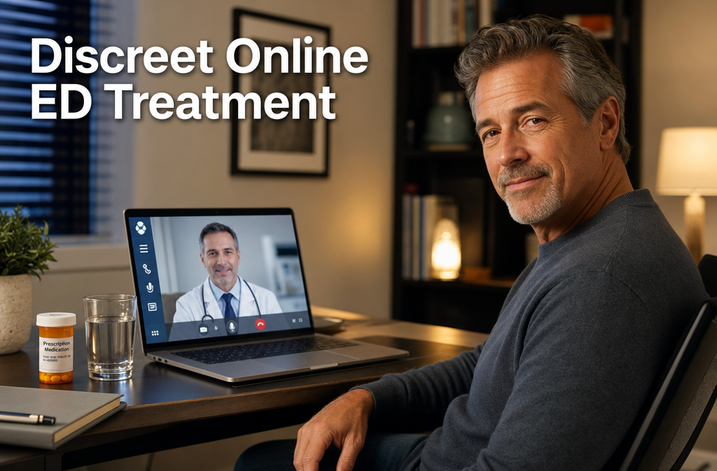 impotence medication best ed medication 3 Detailed () lifestyle scene showing a confident man in his late 50s sitting comfortably at a home desk, looking at a laptop
