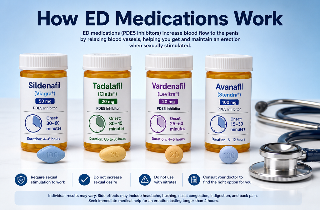 impotence medication best ed medication 1 Detailed () medical infographic illustration showing four prescription pill bottles labeled Sildenafil, Tadalafil,