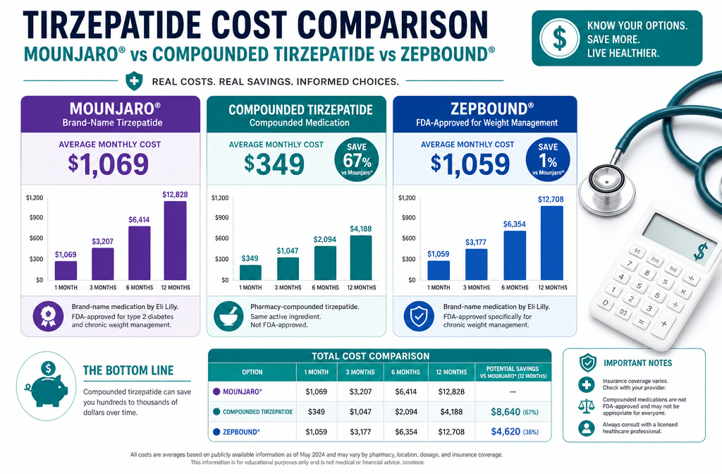 Detailed () showing a side-by-side cost comparison infographic of brand-name Mounjaro vs compounded tirzepatide vs Zepbound,