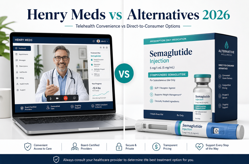 Detailed () showing a split-screen comparison: left side shows Henry Meds telehealth platform on a laptop with a doctor
