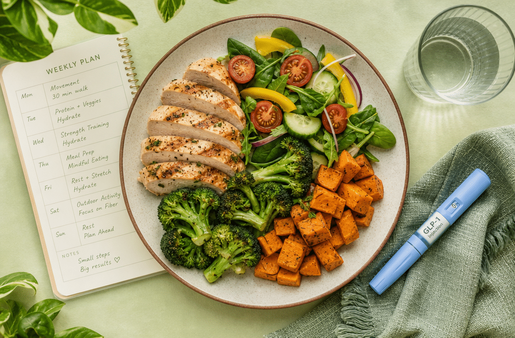 Fastest Working GLP-1: Which Medication Acts Quickest and What to Expect 2 Detailed () showing a top-down flat lay of a healthy meal plate with lean protein, vegetables, and a glass of water beside a