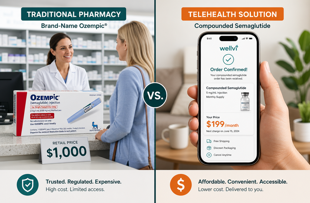 Weight loss injections cost 4 Detailed () side-by-side split scene: left half shows a pharmacy counter with brand-name Ozempic box and a Compounded semaglutide vs brand name cost comparison,000 price tag,