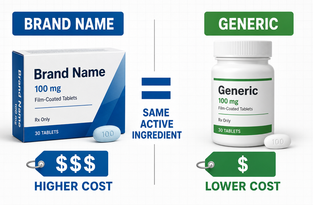 impotence medication best ed medication 2 Detailed () split-screen comparison visual showing a brand-name pill package on the left labeled 'Brand Name' with a premium