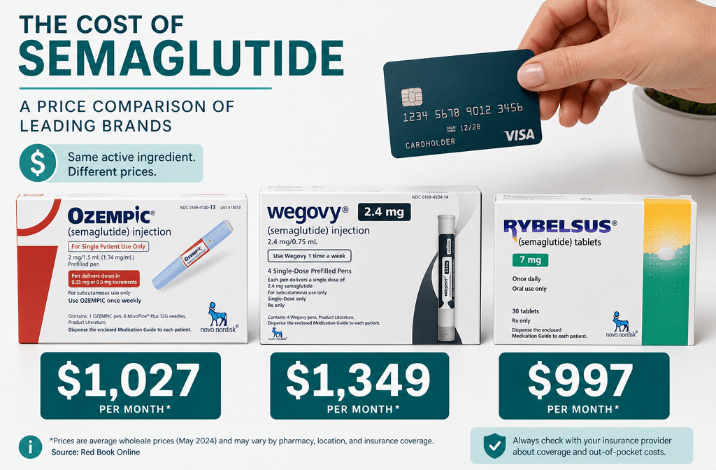 Flat-lay infographic style landscape image () showing three branded medication boxes labeled Ozempic, Wegovy, and Rybelsus