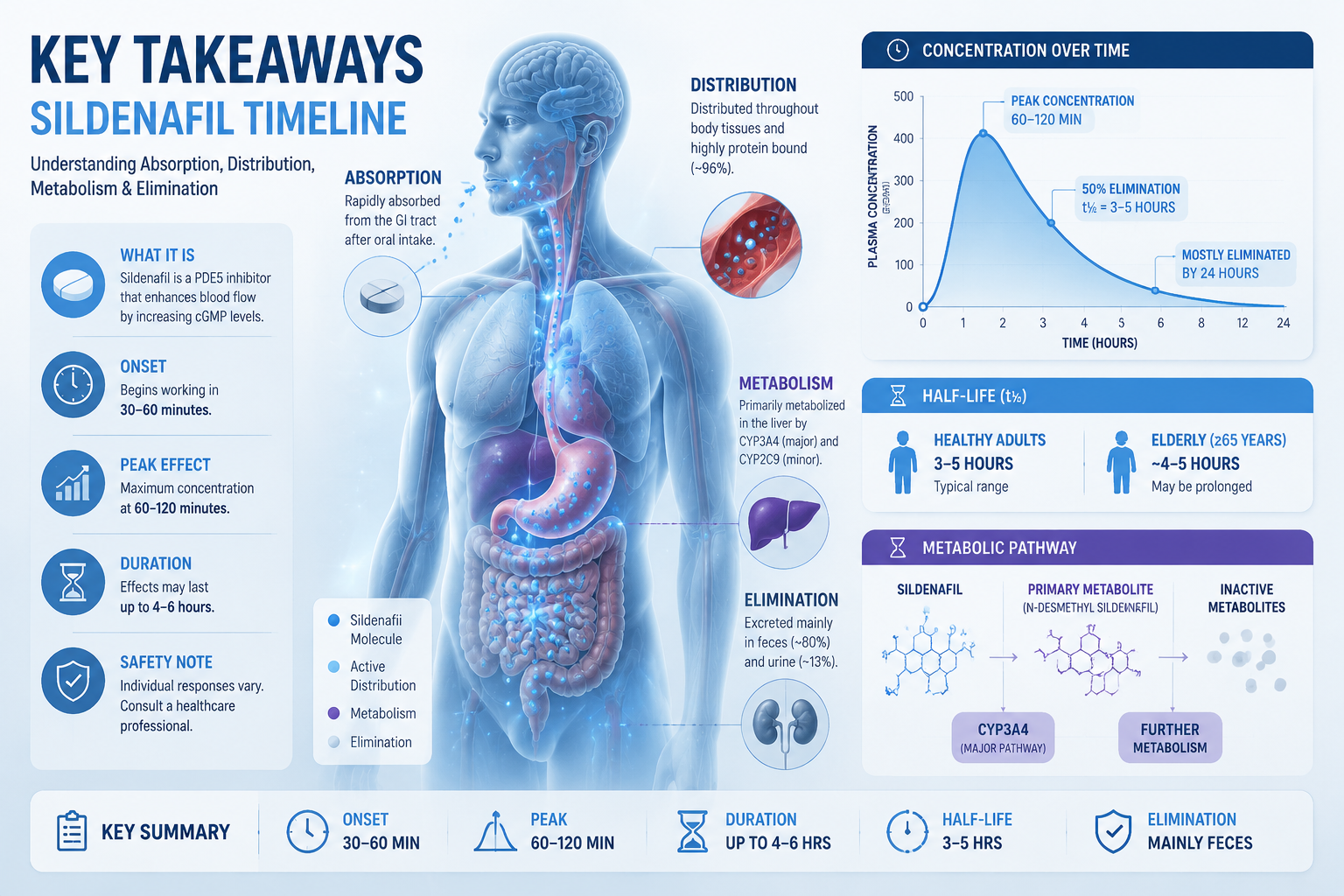 How Long Does Sildenafil Stay in Your System? Complete 2026 Guide 2 Medical infographic for 'Key Takeaways' section depicting sildenafil medication timeline, featuring stylized human body