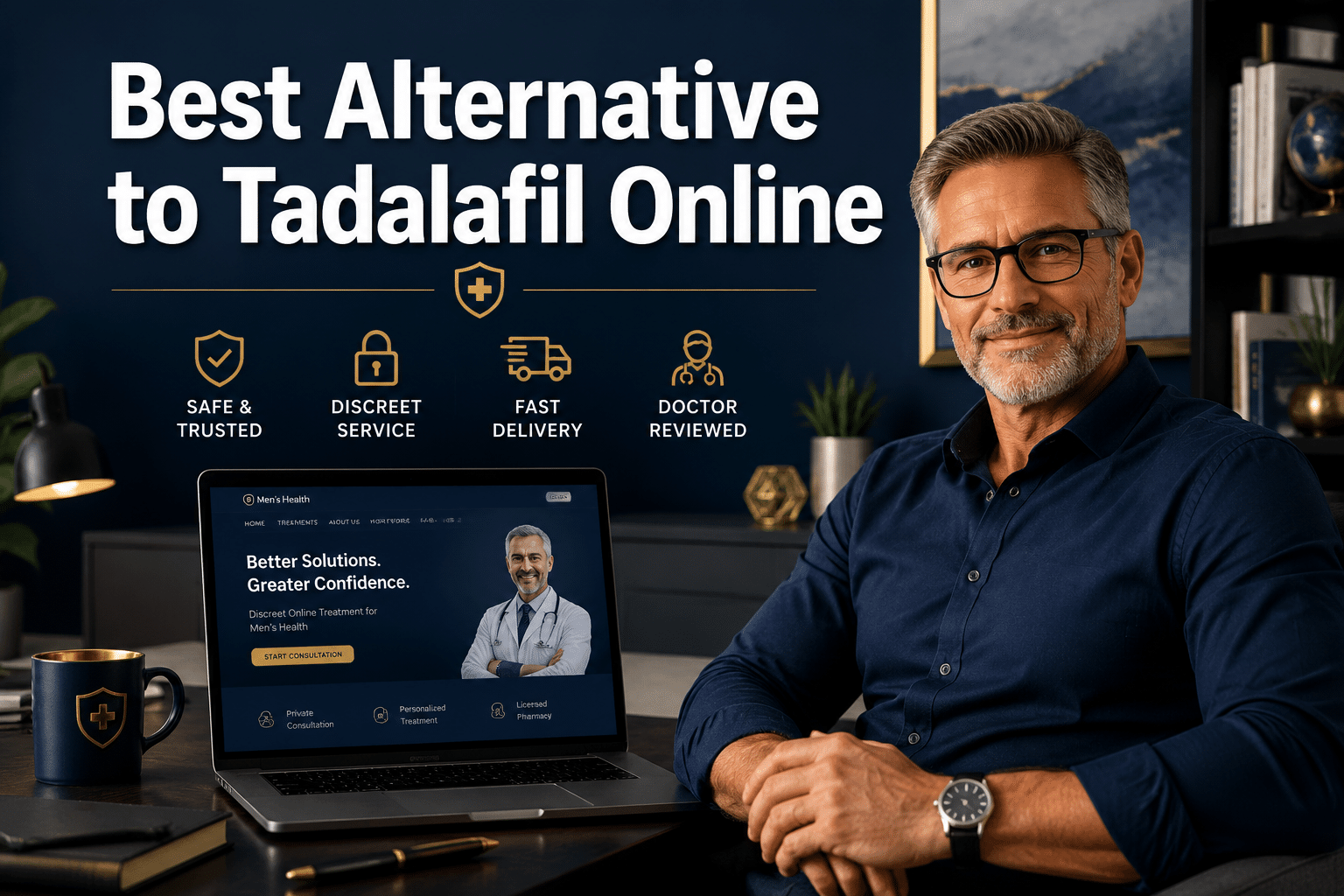 Professional () hero image with : 'Best Alternative to Tadalafil Online' in extra large white with dark drop , centered in