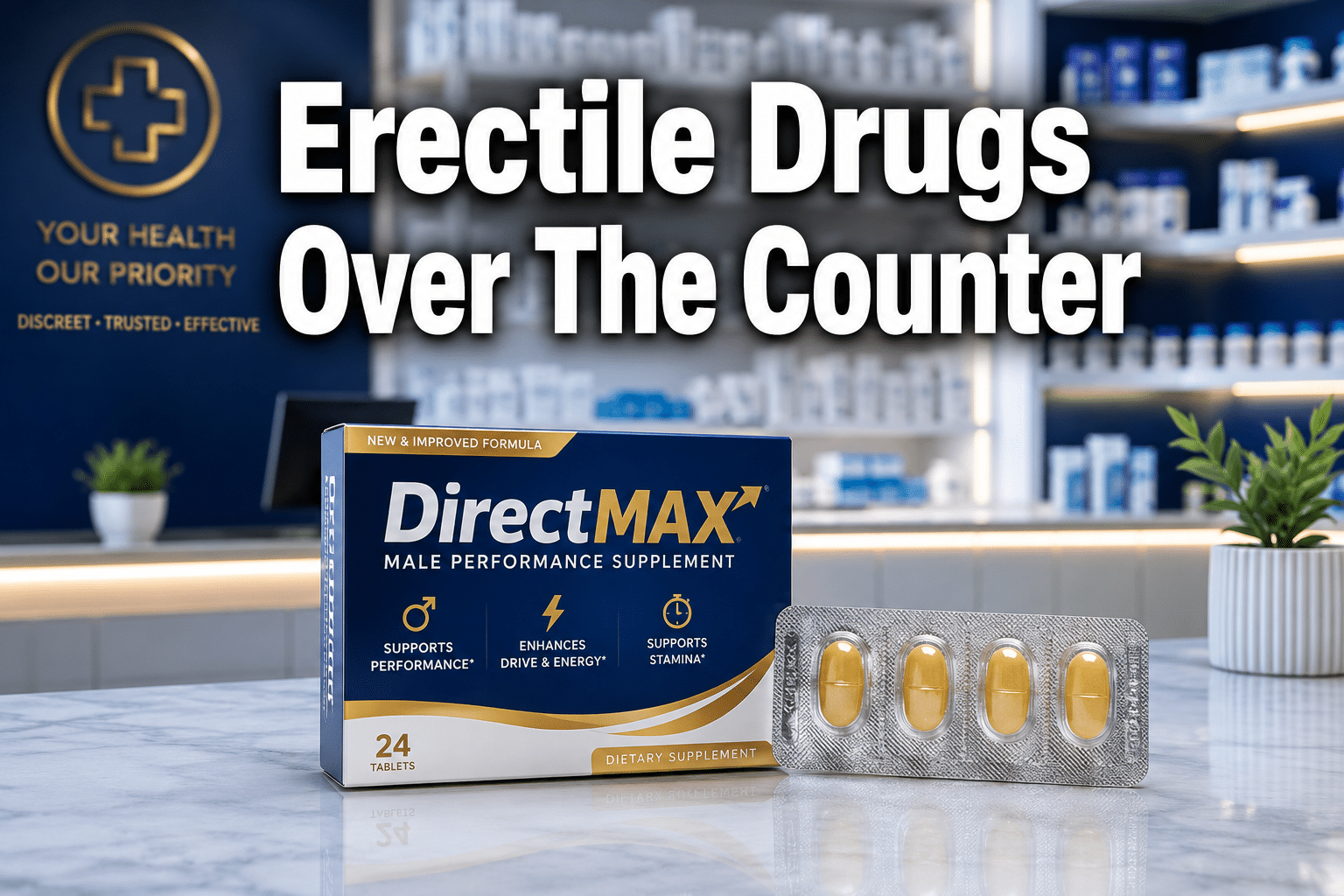 Professional () hero image with : 'Erectile Drugs Over The Counter' in extra large white with deep effect, centered upper