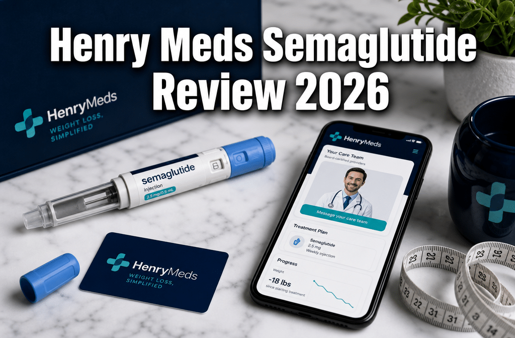 Professional () hero image with : 'Henry Meds Semaglutide Review 2026' in extra large white with dark drop , centered