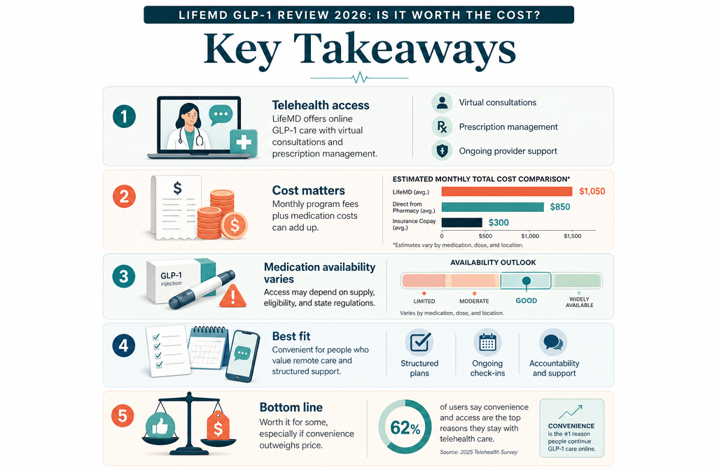 Professional infographic for article "LifeMD GLP-1 Review 2026: Is It Worth the Cost?", section: "Key Takeaways". Include