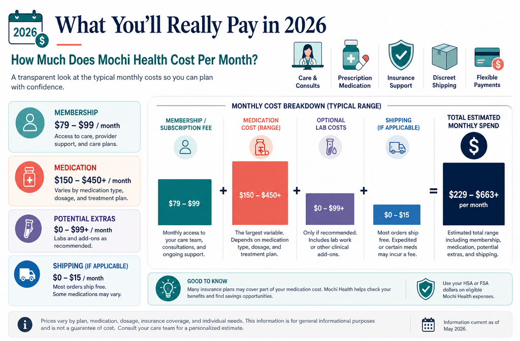 Professional infographic for article "Mochi Health Pricing: What You'll Really Pay in 2026", section: "How Much Does Mochi