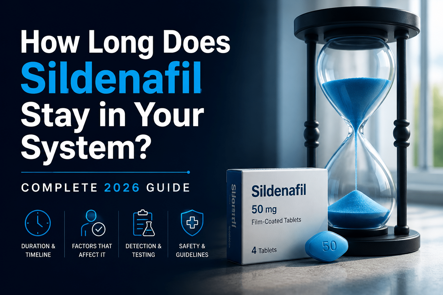 Professional landscape hero image () with : "How Long Does Sildenafil Stay in Your System? Complete 2026 Guide". Modern