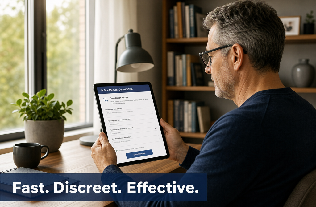 rugiet price 3 () conceptual health image showing a confident man in his 50s in casual clothing sitting at a home desk reviewing a tablet