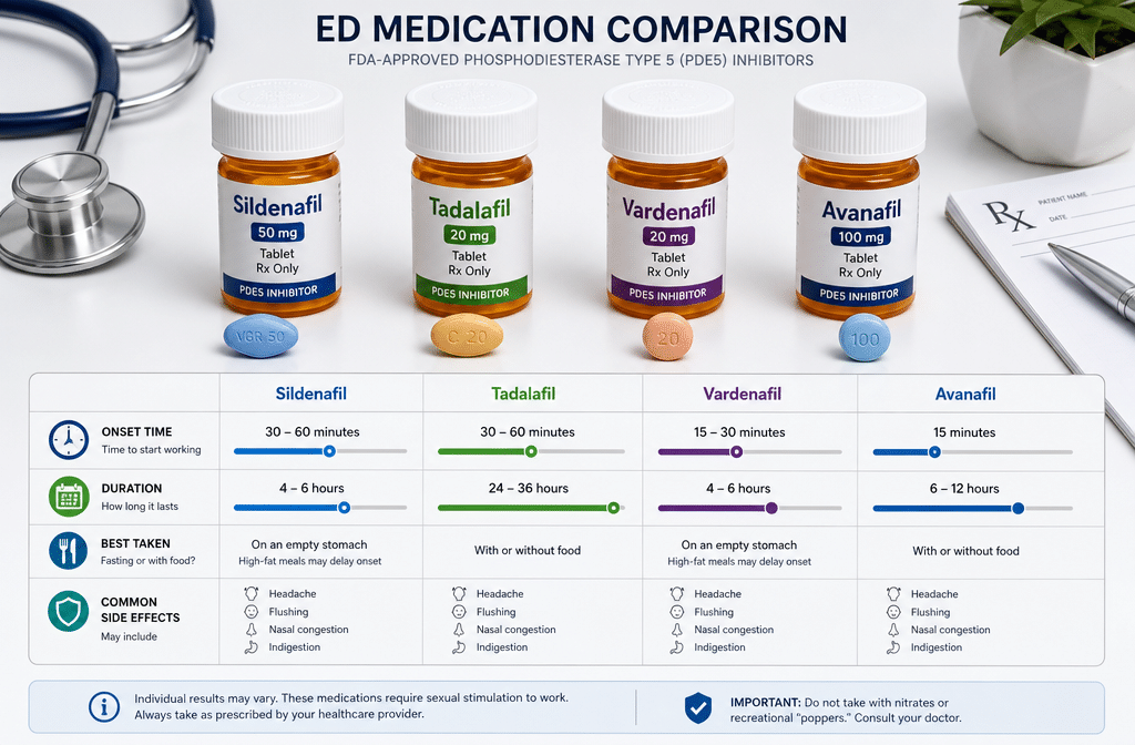 () detailed medical comparison infographic scene showing four prescription pill bottles labeled Sildenafil, Tadalafil,