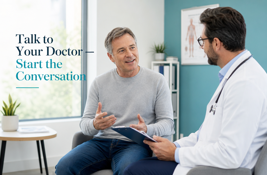 best way to treat erectile dysfunction 3 () doctor-patient consultation scene showing a mature man in his 50s speaking openly with a male physician in a bright