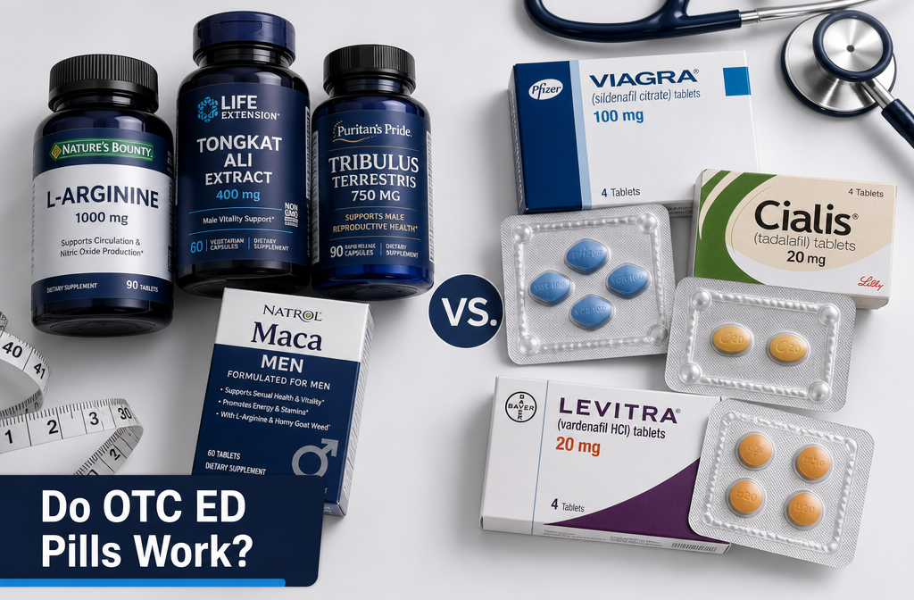 over the counter erectile meds 1 () editorial illustration showing a side-by-side comparison flat-lay of OTC supplement bottles versus prescription pill