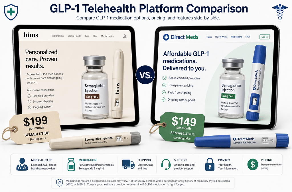 () editorial illustration showing a side-by-side comparison of two telehealth platforms on tablet screens, one labeled