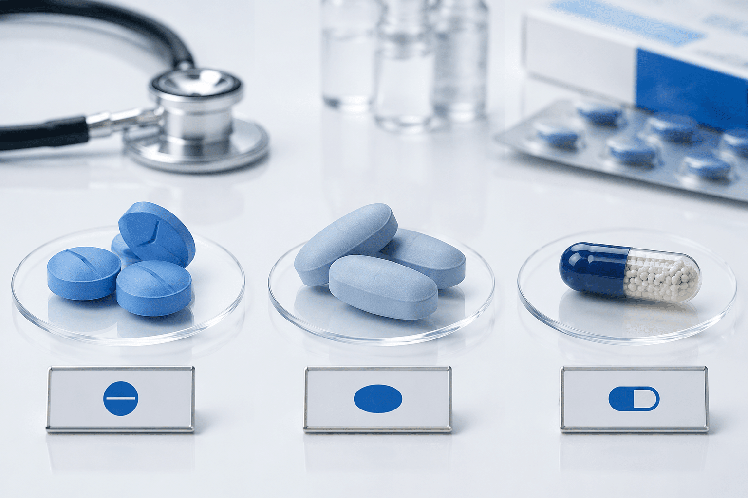 () editorial illustration showing a side-by-side comparison panel of different ED tablet types — blue round pills, oval