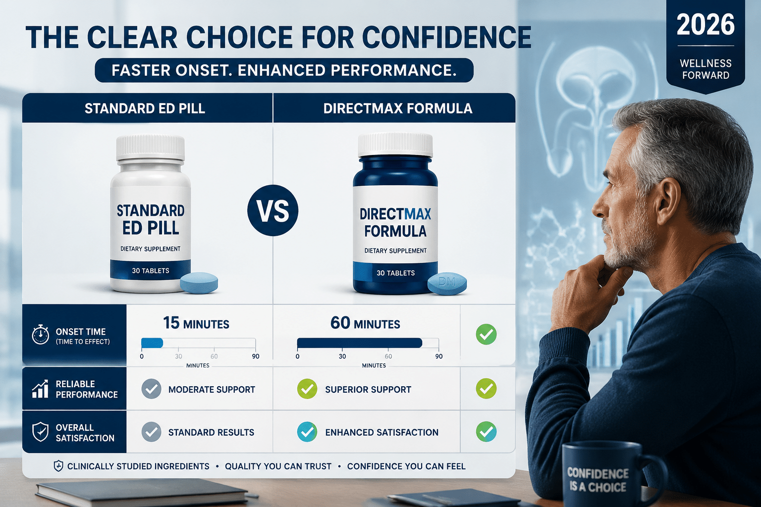 () editorial illustration showing a side-by-side comparison panel of two pill bottles labeled 'Standard ED Pill' vs