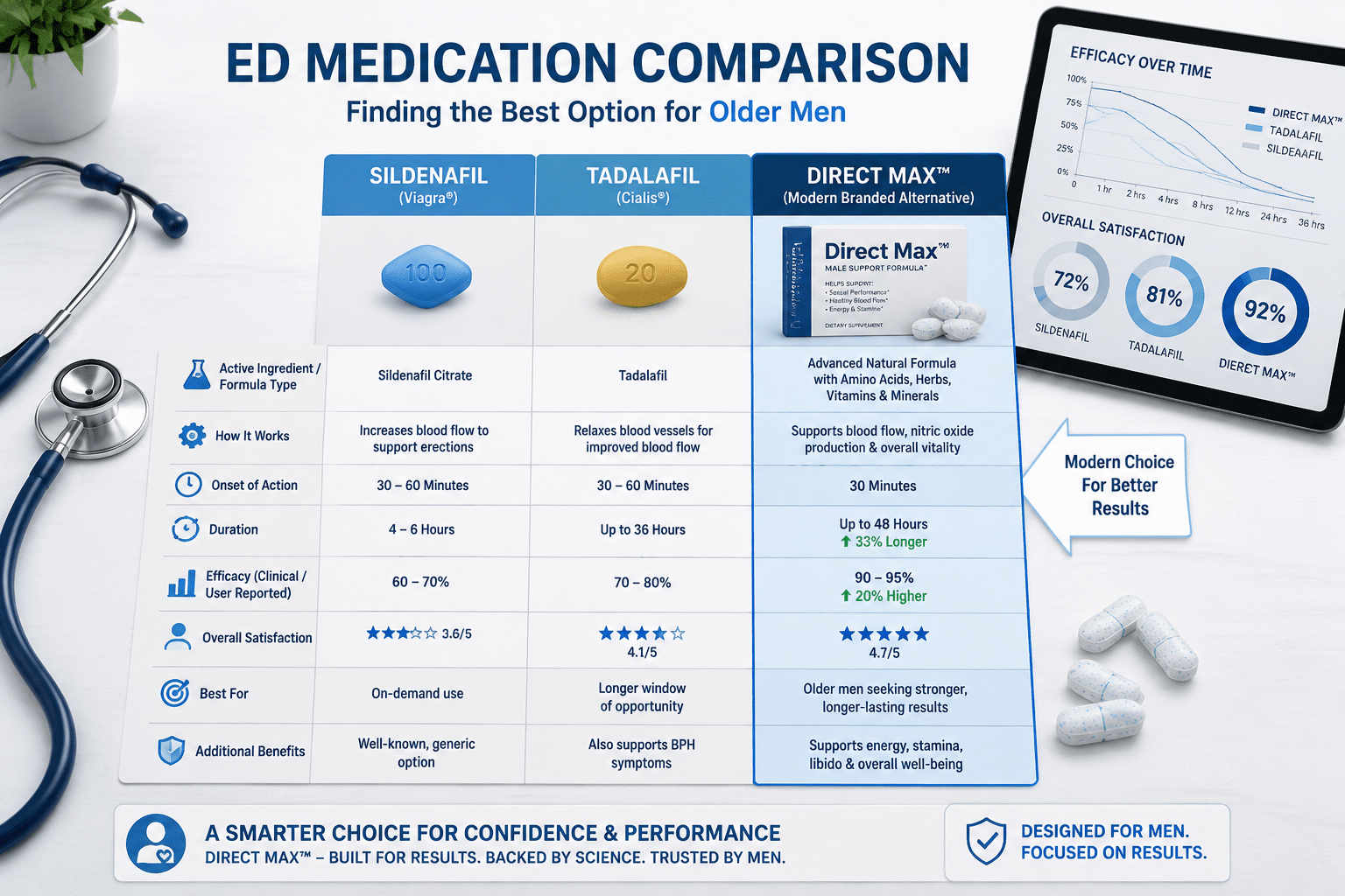 () editorial illustration showing a side-by-side comparison table of ED medications — sildenafil, tadalafil, and a modern