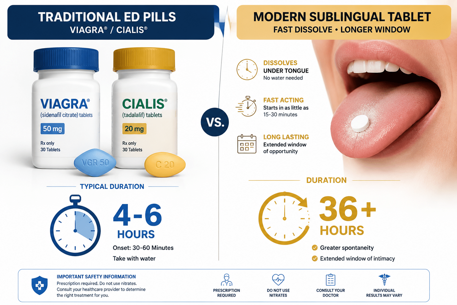 () editorial illustration showing a split comparison panel: left side displays traditional Viagra/Cialis pill bottles