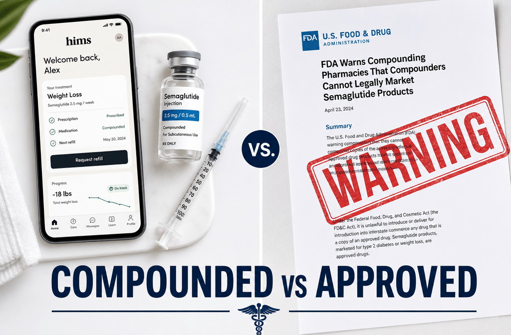 () editorial illustration showing a split-screen comparison: left side displays Hims telehealth app interface on a