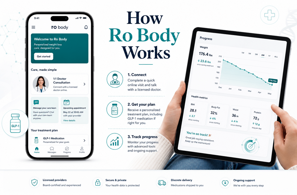 () editorial illustration showing a split-screen comparison: left side displays the Ro Body telehealth app interface on a