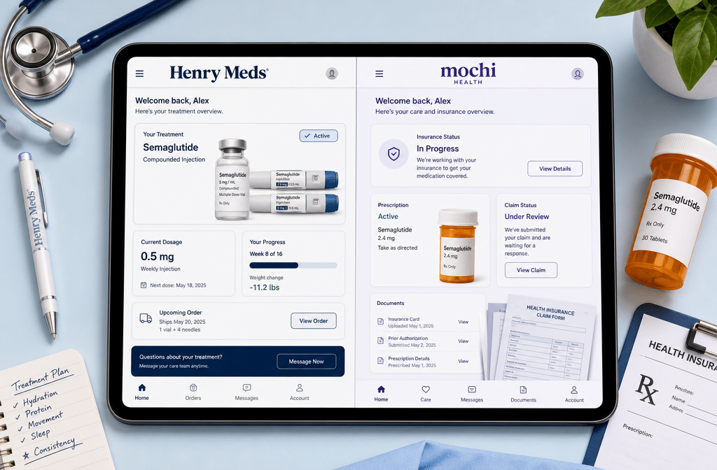 () editorial illustration showing two telehealth platform dashboards side by side on a modern tablet screen — one labeled