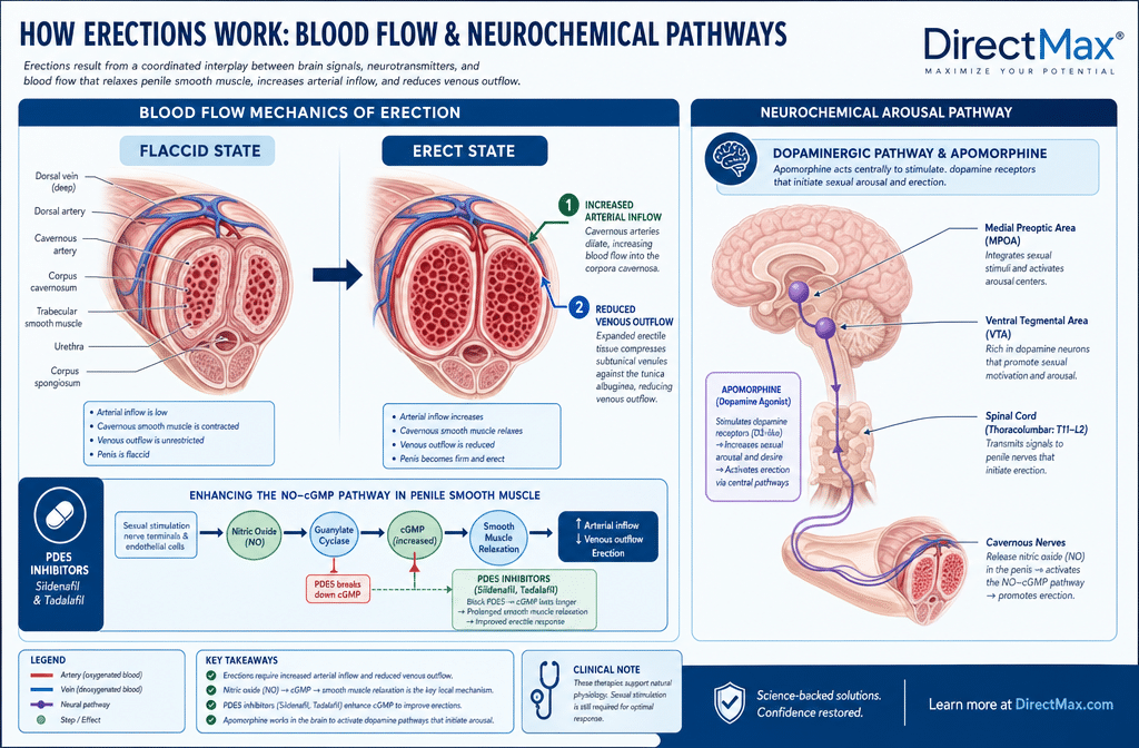 () editorial infographic showing a side-by-side anatomical diagram of blood flow during erectile response, with labeled