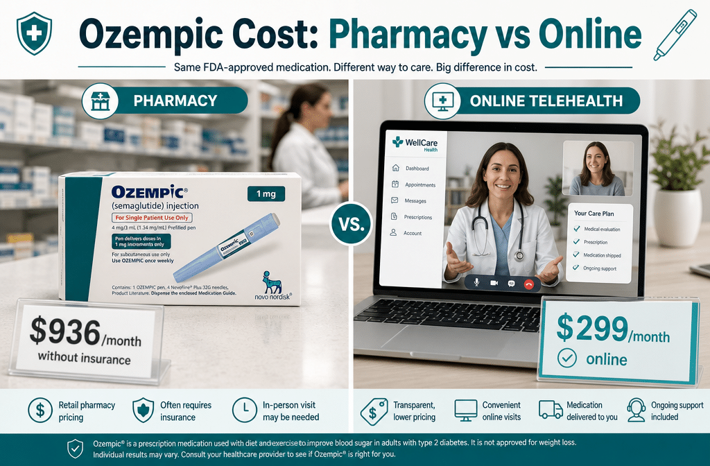 () editorial infographic showing a split-screen comparison: left side displays a pharmacy counter with a price tag showing