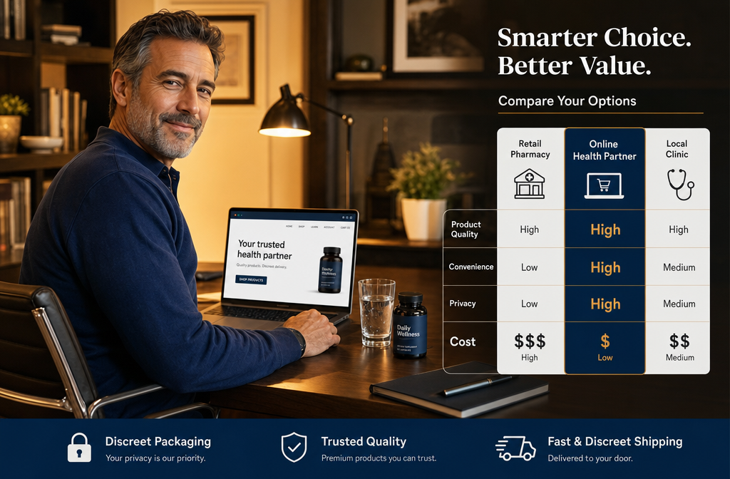 over the counter erectile meds 2 () infographic-style image showing a mature man in his late 40s sitting confidently at a desk with a laptop open to a