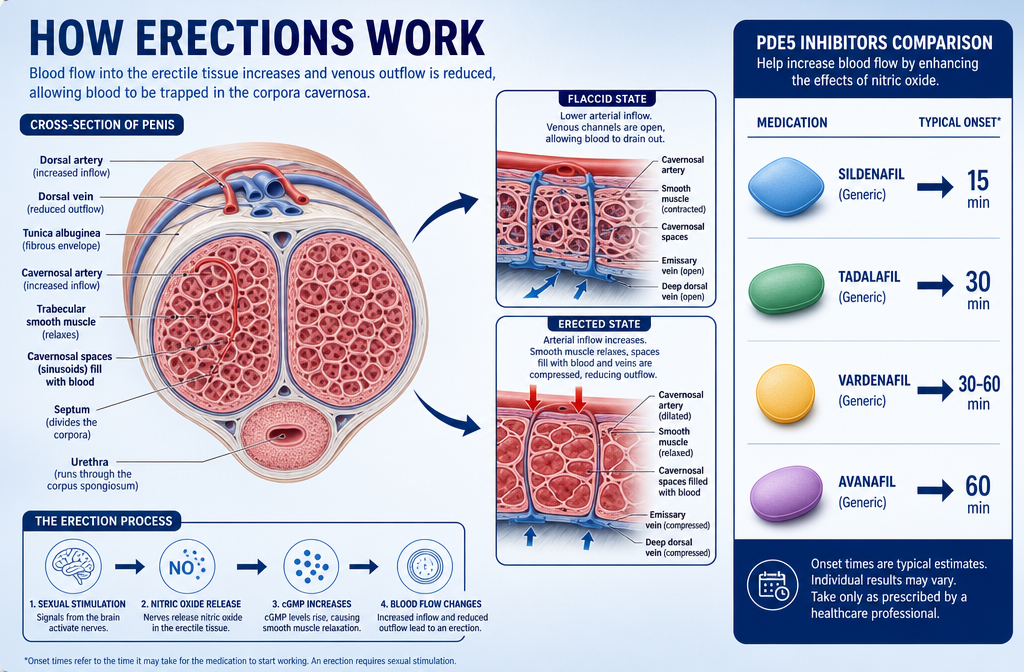 best way to treat erectile dysfunction 1 () medical infographic illustration showing a cross-section diagram of blood flow mechanics in erectile tissue alongside