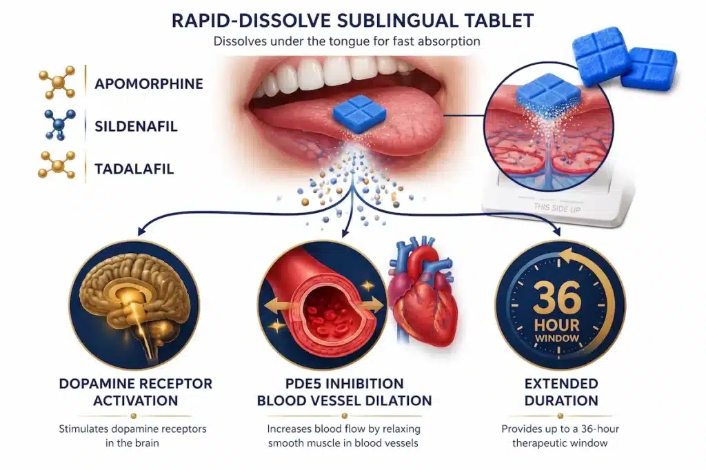 Direct Meds ED DirectMax Reviews 2026 – The New ED Solution That Works 2 () scientific infographic illustration showing a rapid-dissolve sublingual tablet dissolving under the tongue with molecular
