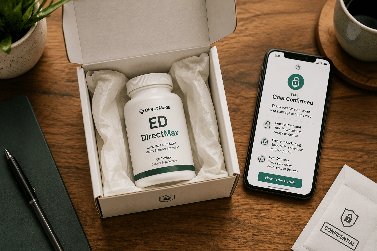 hims ed medication alternative 2 () showing a close-up overhead flat-lay of a discreet white shipping box being opened on a wooden desk, revealing a